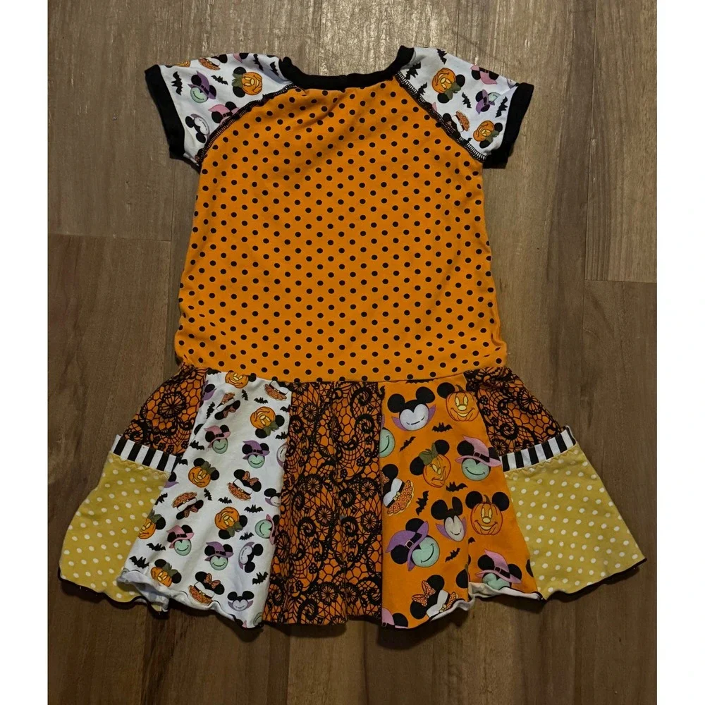 Disney Minnie Mouse Halloween Patchwork Dress Orange Polka Dot Girls Size 5-7